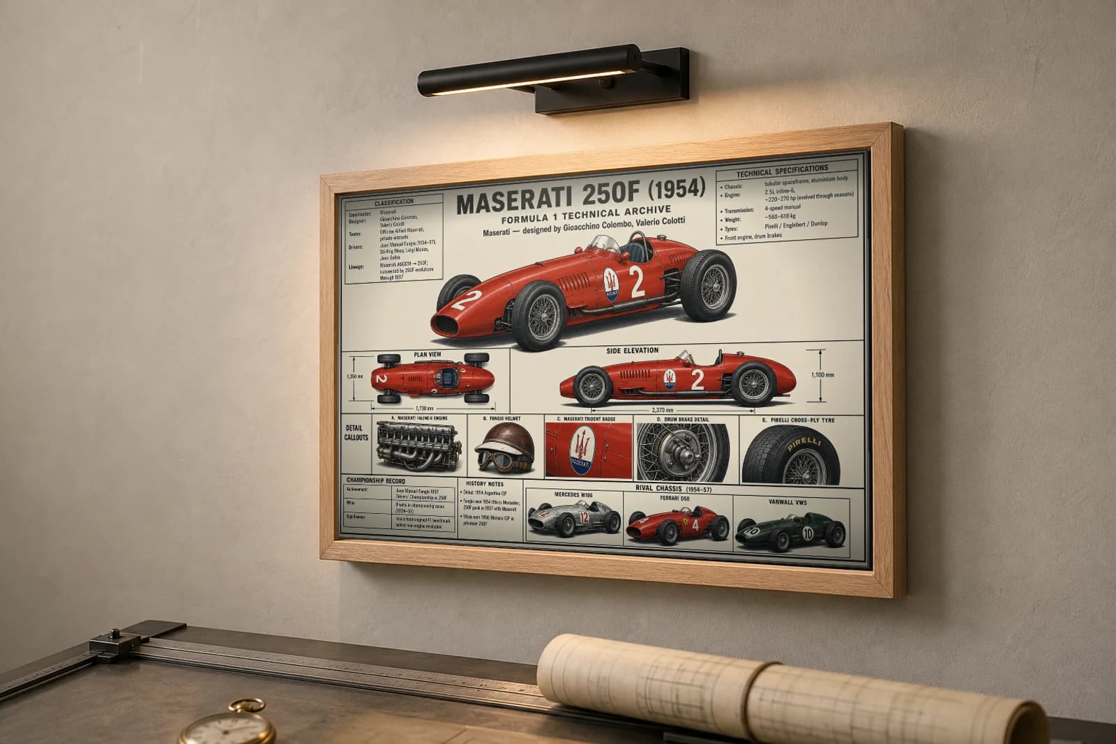 MASERATI 250F Poster — 1954 F1 Technical Archive Blueprint Wall Art · framed A2 — the framed print shown at a three-quarter angle on a styled gallery wall in a natural-oak frame