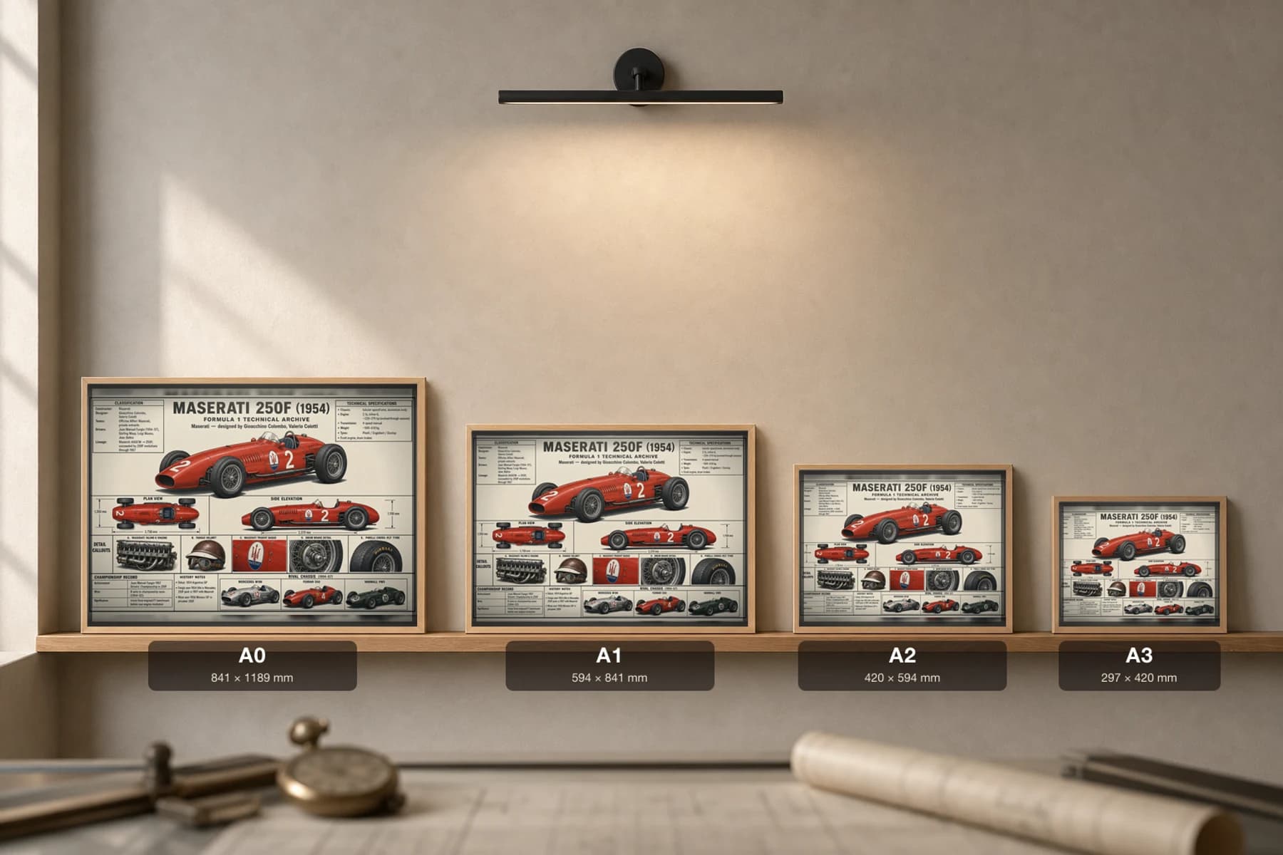 MASERATI 250F Poster — 1954 F1 Technical Archive Blueprint Wall Art · framed A2 — print size guide showing the artwork at A0, A1, A2 and A3 in natural-oak frames at true relative scale