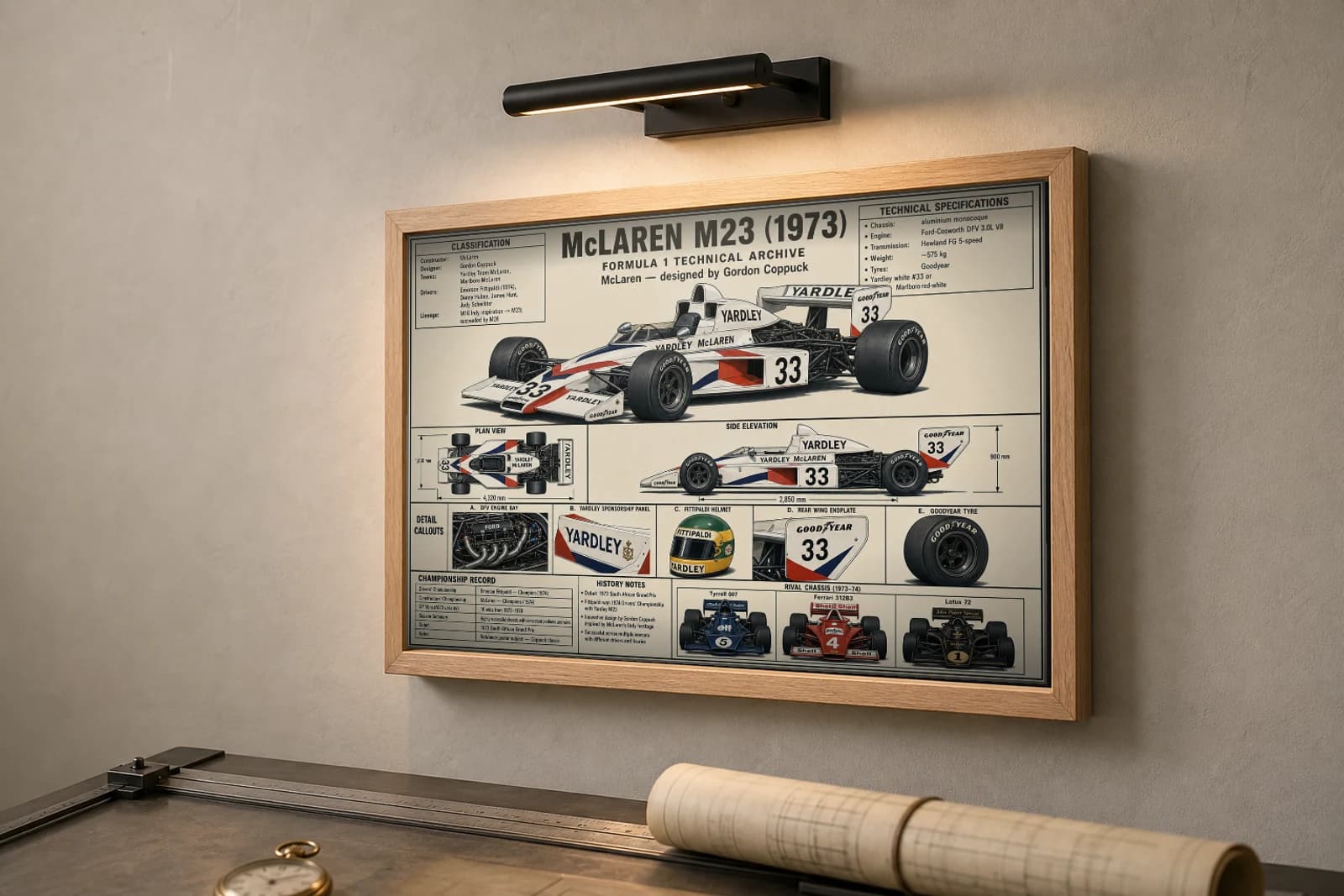 McLAREN M23 Poster — 1973 F1 Technical Archive Blueprint Wall Art · framed A2 — the framed print shown at a three-quarter angle on a styled gallery wall in a natural-oak frame