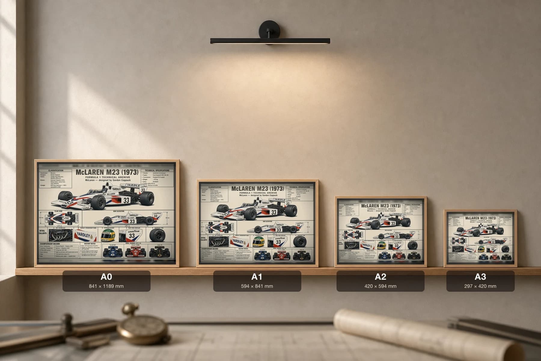 McLAREN M23 Poster — 1973 F1 Technical Archive Blueprint Wall Art · framed A2 — print size guide showing the artwork at A0, A1, A2 and A3 in natural-oak frames at true relative scale