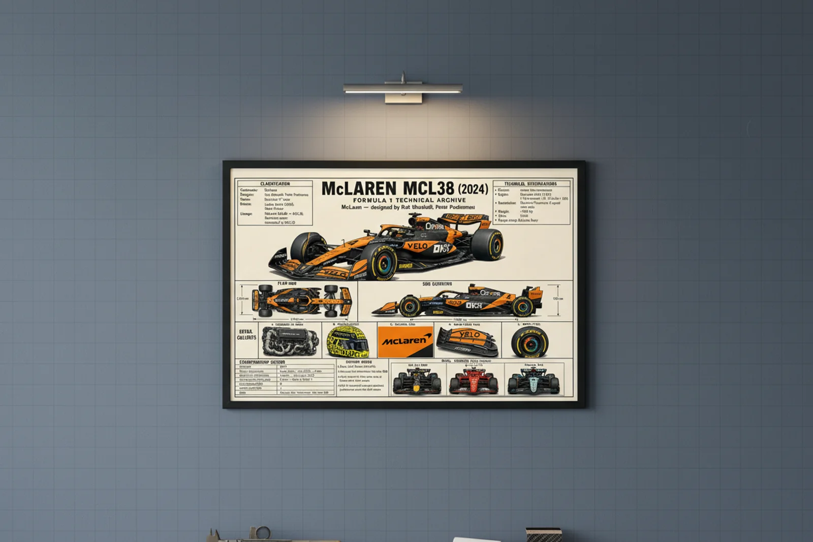 MCL38 F1 Technical Archive print in black A2 frame on papaya-orange blueprint-indigo wall — engineering studio mockup