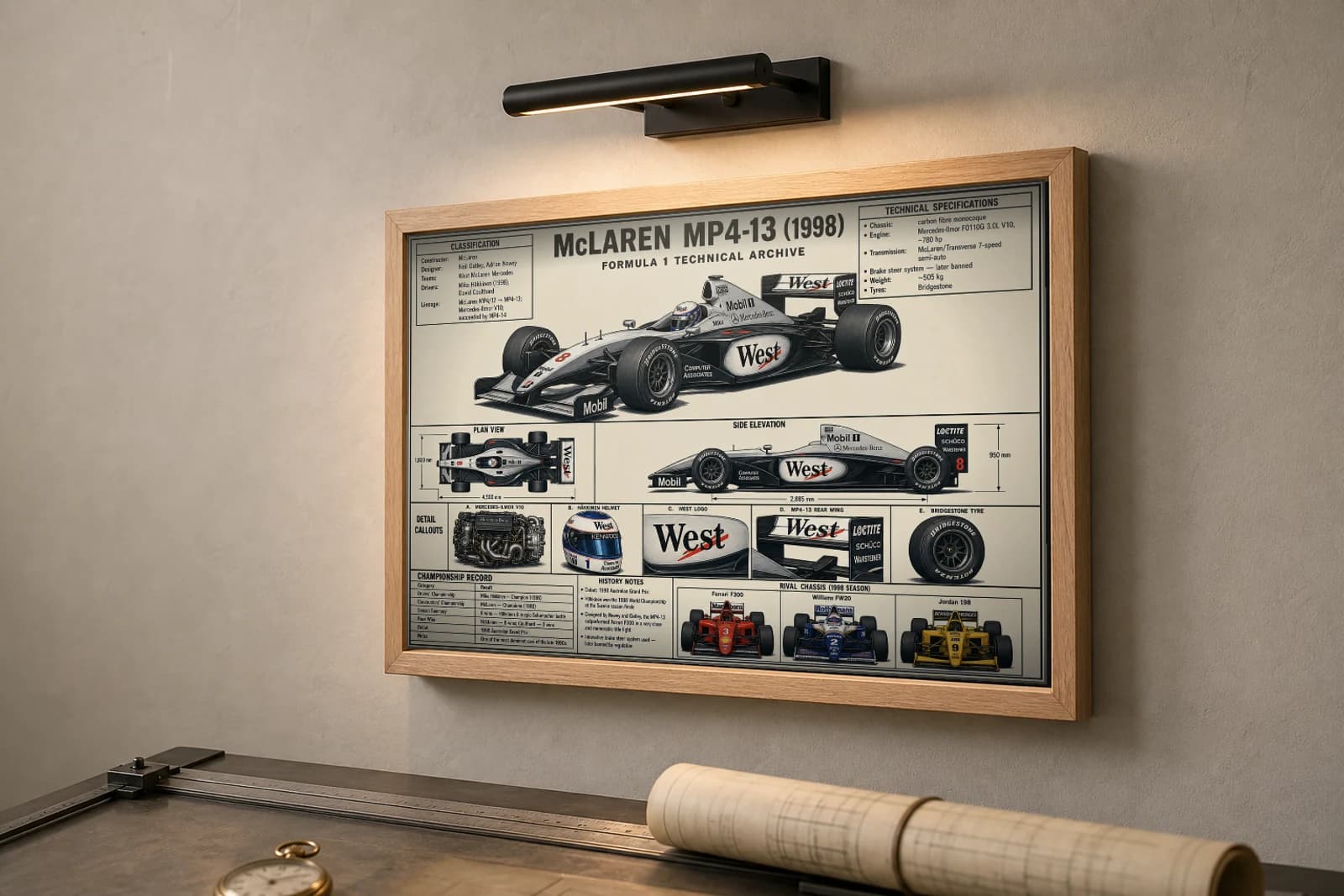 McLAREN MP4-13 Poster — 1998 F1 Technical Archive Blueprint Wall Art · framed A2 — the framed print shown at a three-quarter angle on a styled gallery wall in a natural-oak frame