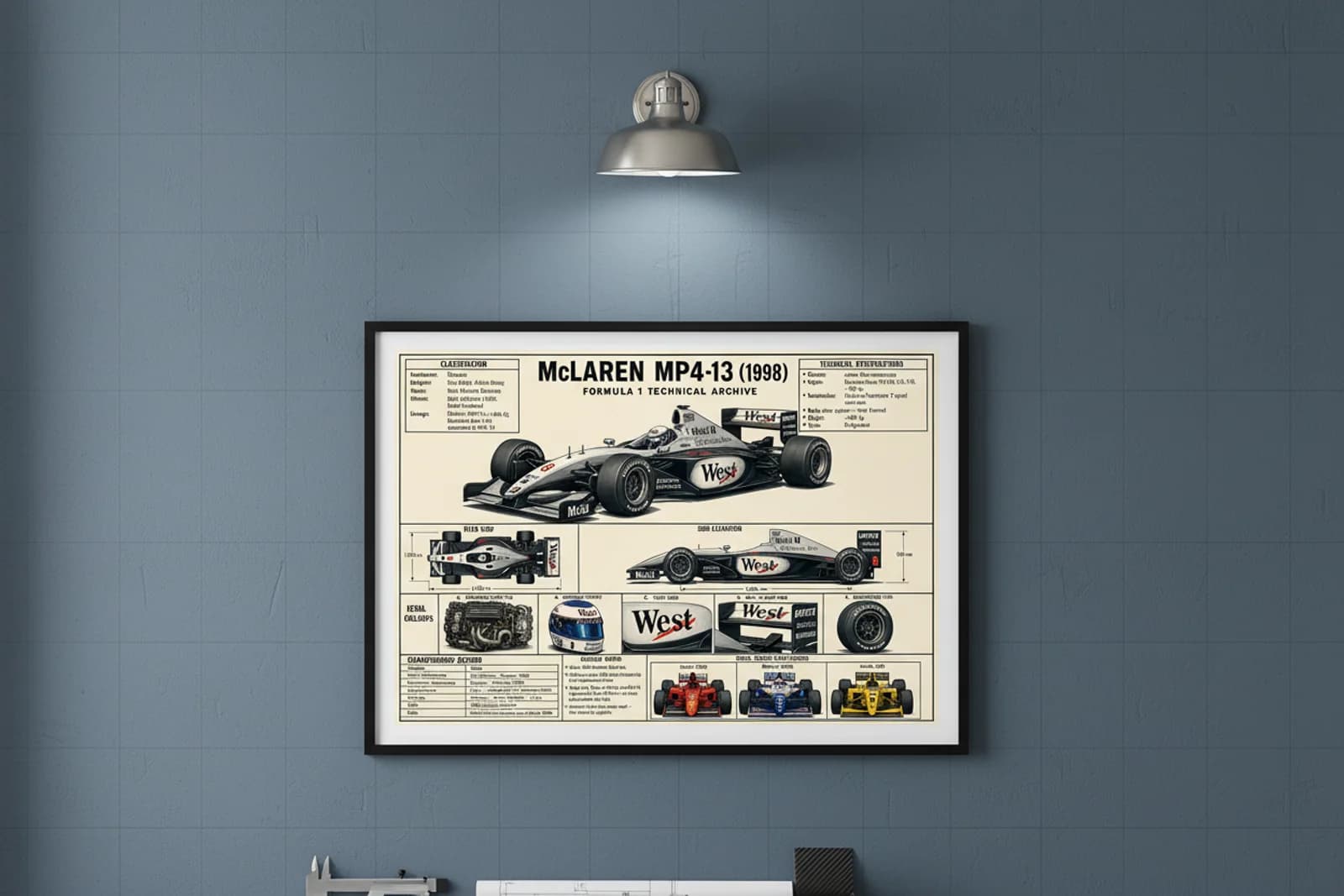 MP4-13 F1 Technical Archive print in black A2 frame on papaya-orange blueprint-indigo wall — engineering studio mockup