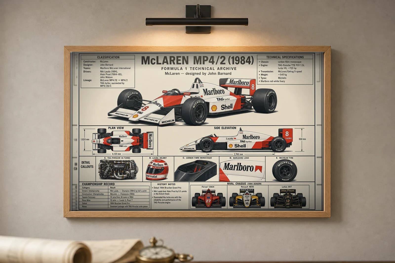 MP4/2 F1 Technical Archive print in black A2 frame on papaya-orange blueprint-indigo wall — engineering studio mockup