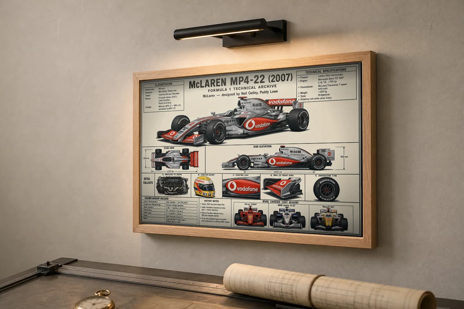 McLAREN MP4-22 Poster — 2007 F1 Technical Archive Blueprint Wall Art · framed A2 — the framed print shown at a three-quarter angle on a styled gallery wall in a natural-oak frame