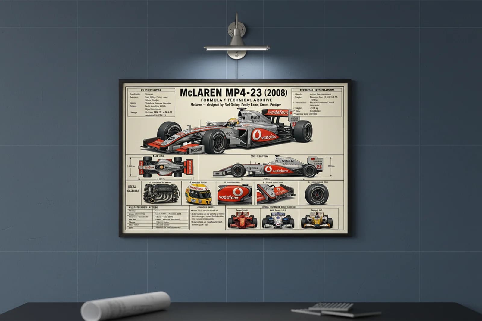 MP4-23 F1 Technical Archive print in black A2 frame on papaya-orange blueprint-indigo wall — engineering studio mockup