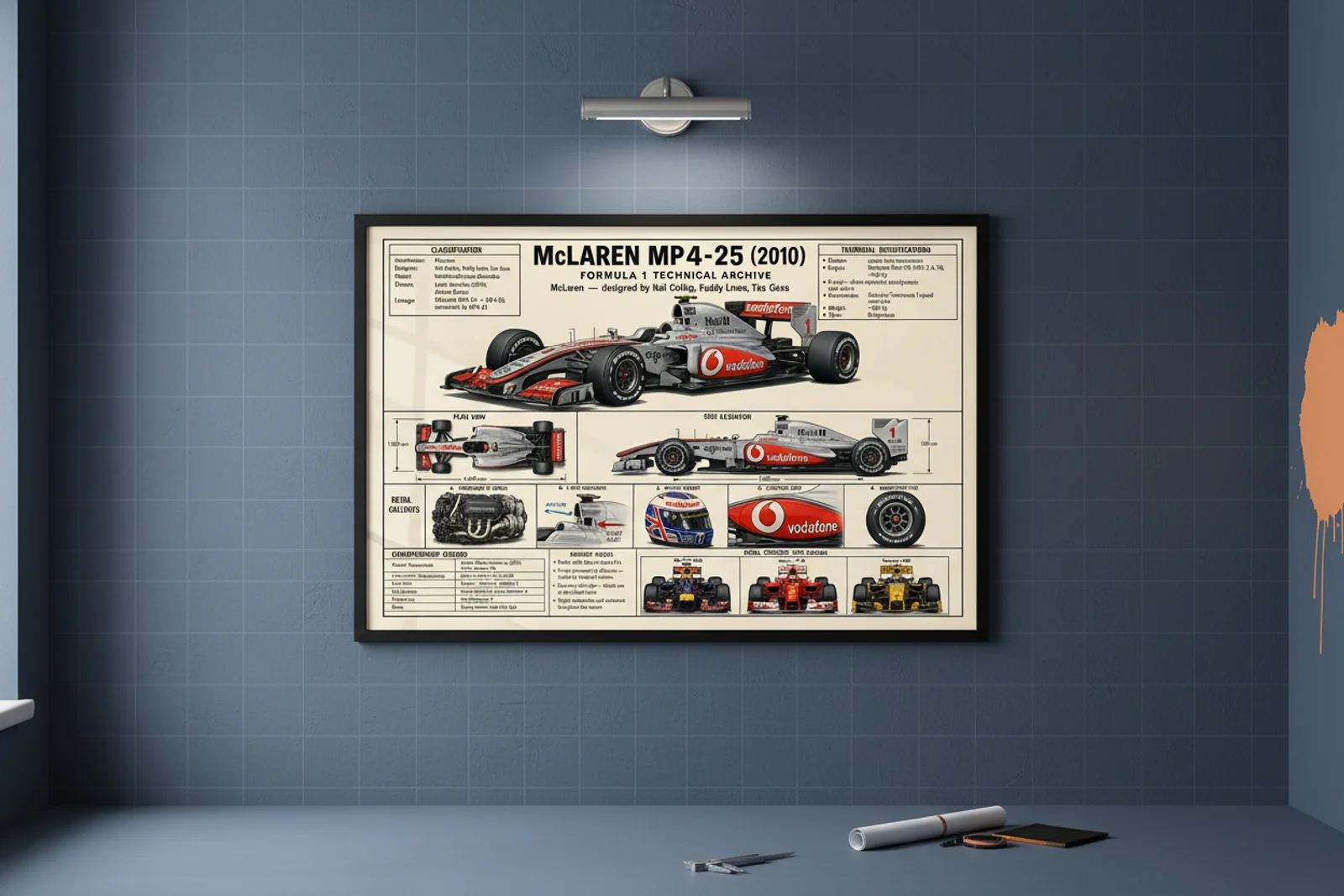 MP4-25 F1 Technical Archive print in black A2 frame on papaya-orange blueprint-indigo wall — engineering studio mockup