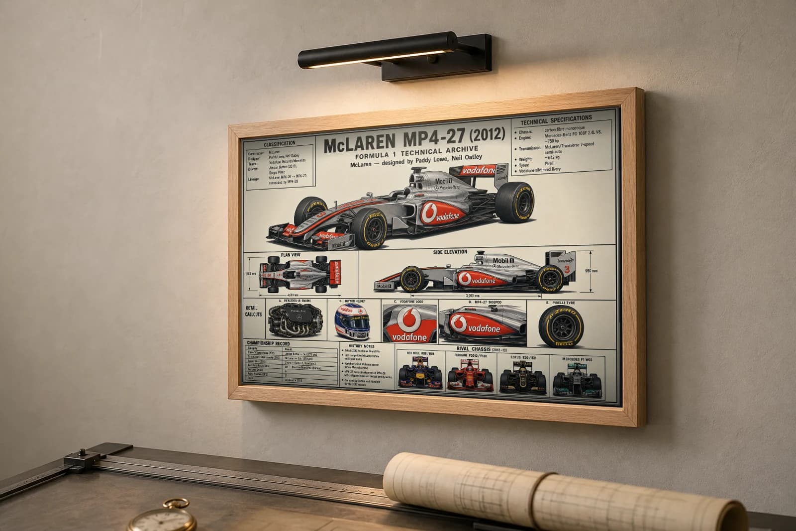 McLAREN MP4-27 Poster — 2012 F1 Technical Archive Blueprint Wall Art · framed A2 — the framed print shown at a three-quarter angle on a styled gallery wall in a natural-oak frame