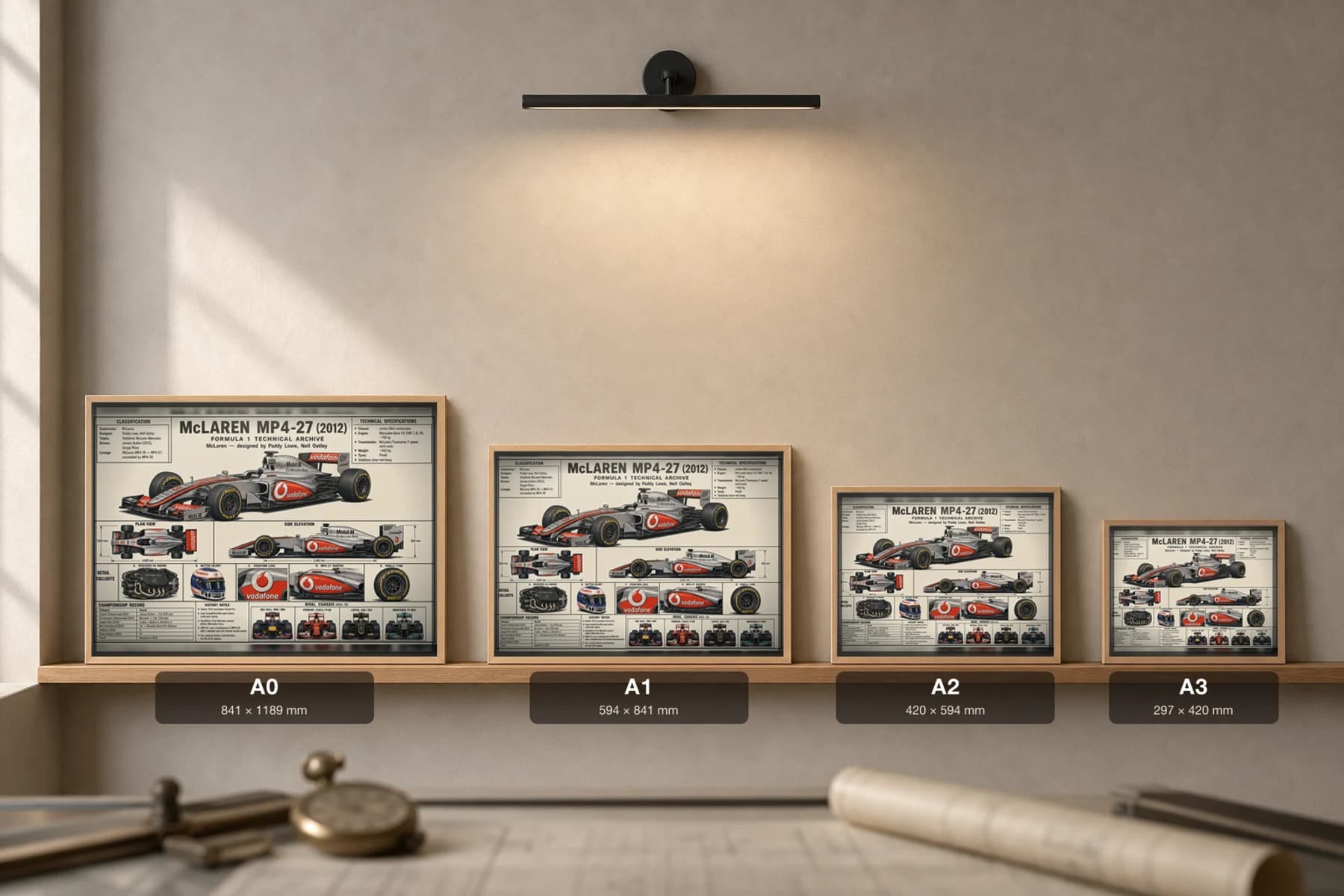 McLAREN MP4-27 Poster — 2012 F1 Technical Archive Blueprint Wall Art · framed A2 — print size guide showing the artwork at A0, A1, A2 and A3 in natural-oak frames at true relative scale