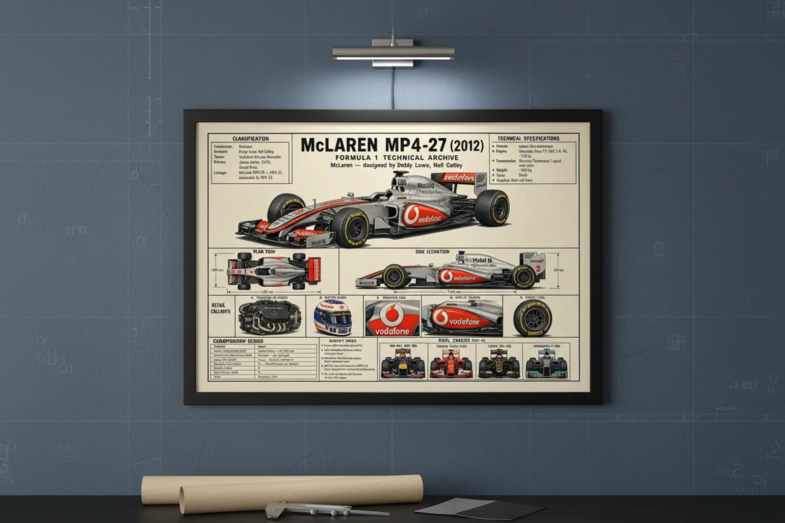 MP4-27 F1 Technical Archive print in black A2 frame on papaya-orange blueprint-indigo wall — engineering studio mockup