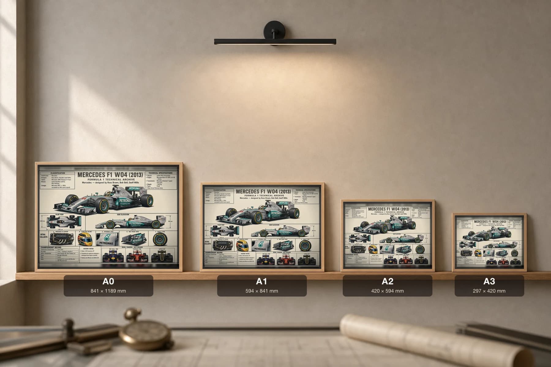 MERCEDES F1 W04 Poster — 2013 F1 Technical Archive Blueprint Wall Art · framed A2 — print size guide showing the artwork at A0, A1, A2 and A3 in natural-oak frames at true relative scale