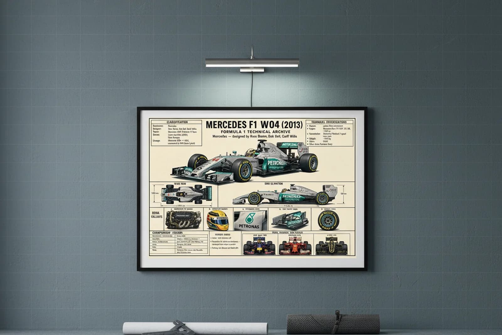 F1 W04 F1 Technical Archive print in black A2 frame on petronas-teal blueprint-indigo wall — engineering studio mockup
