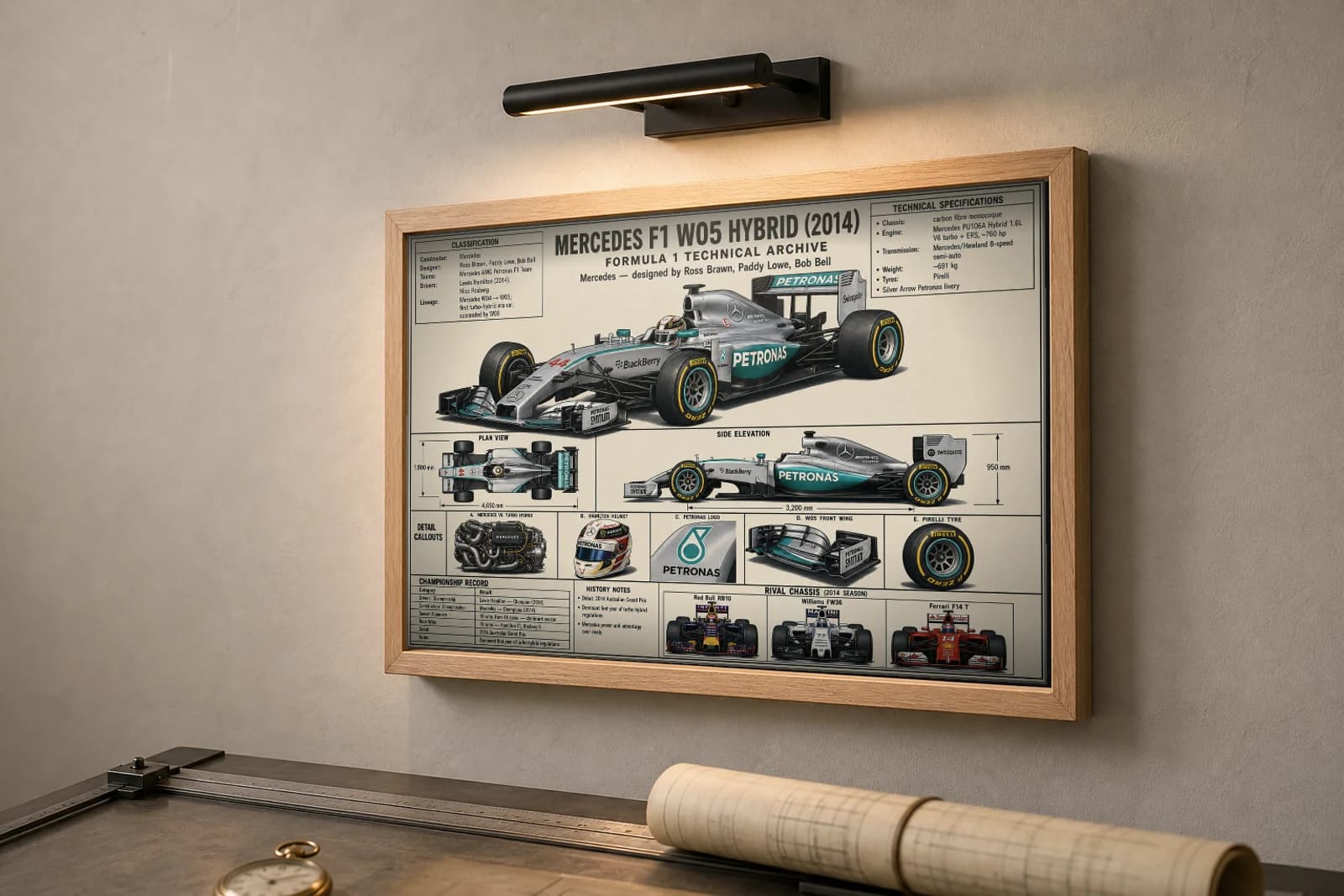 MERCEDES F1 W05 HYBRID Poster — 2014 F1 Technical Archive Blueprint Wall Art · framed A2 — the framed print shown at a three-quarter angle on a styled gallery wall in a natural-oak frame