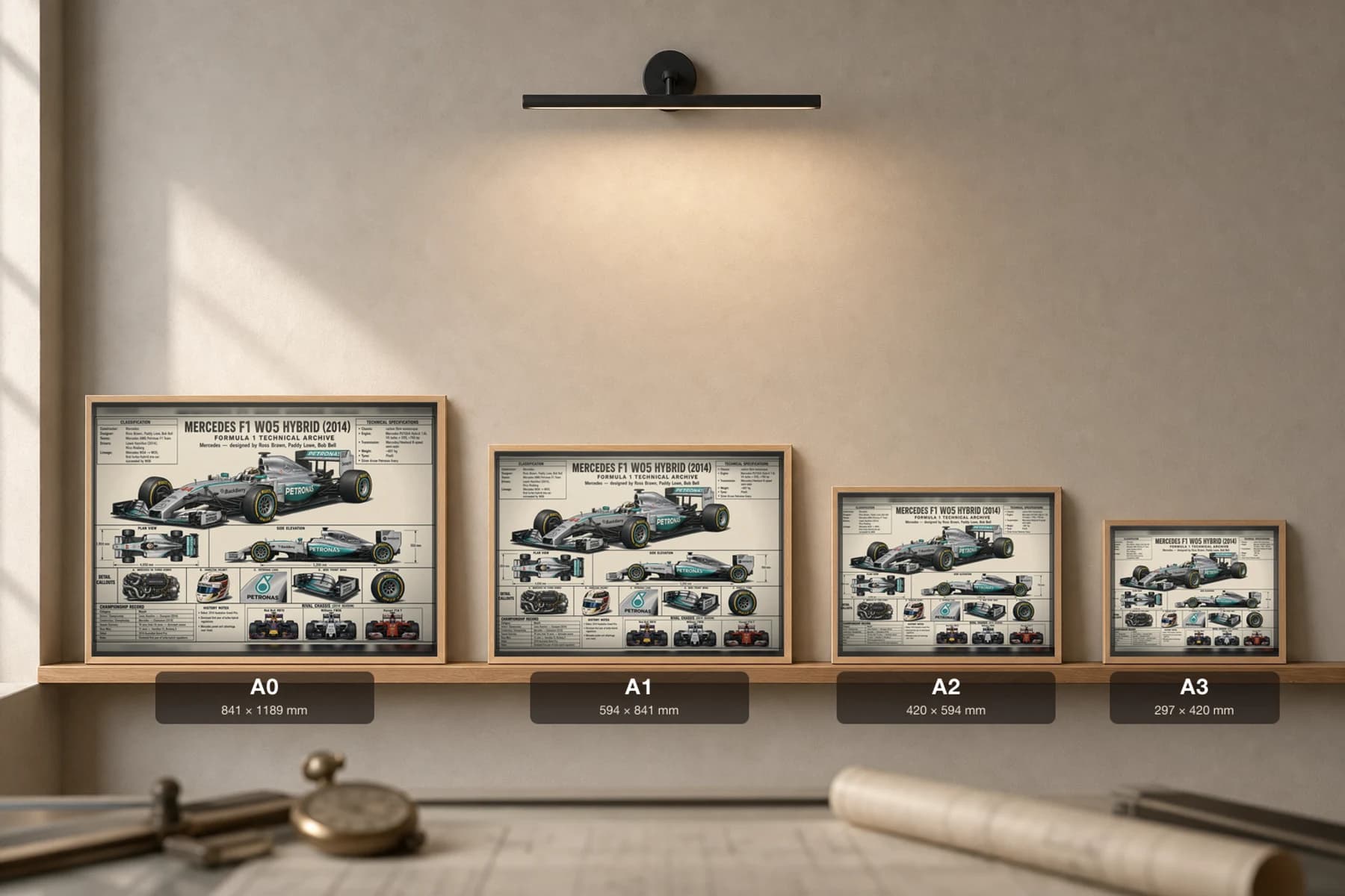 MERCEDES F1 W05 HYBRID Poster — 2014 F1 Technical Archive Blueprint Wall Art · framed A2 — print size guide showing the artwork at A0, A1, A2 and A3 in natural-oak frames at true relative scale