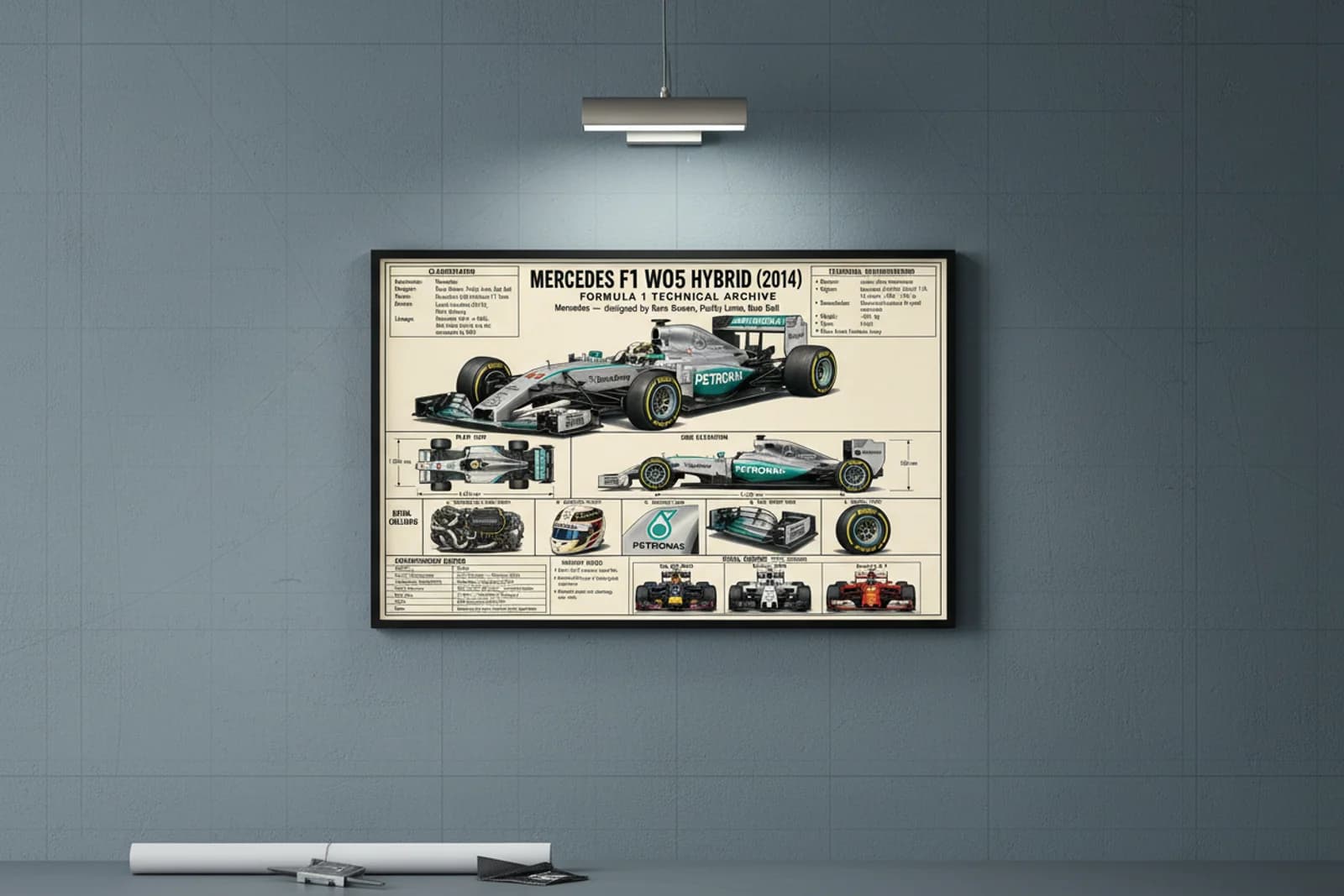 F1 W05 HYBRID F1 Technical Archive print in black A2 frame on petronas-teal blueprint-indigo wall — engineering studio mockup