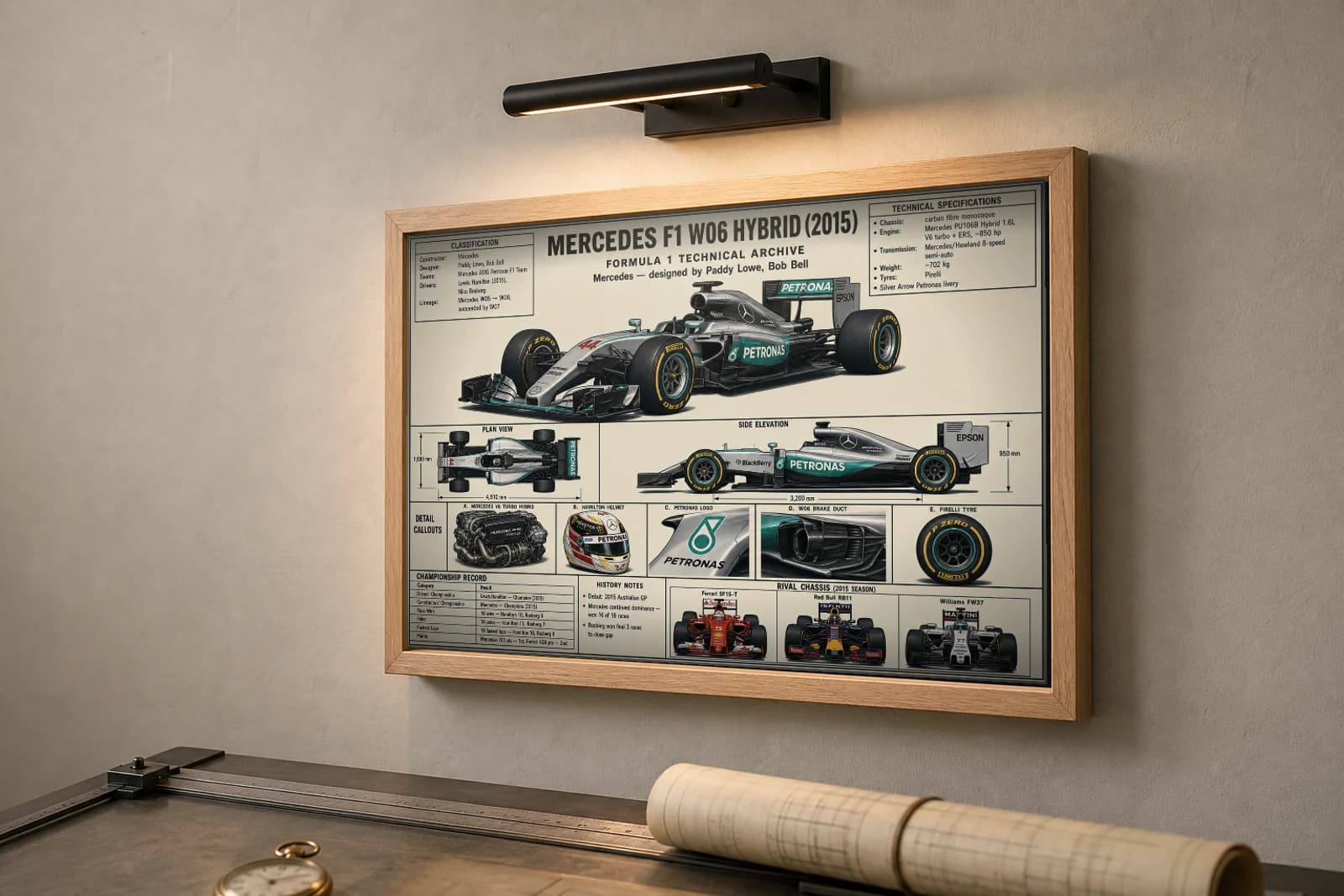 MERCEDES F1 W06 HYBRID Poster — 2015 F1 Technical Archive Blueprint Wall Art · framed A2 — the framed print shown at a three-quarter angle on a styled gallery wall in a natural-oak frame