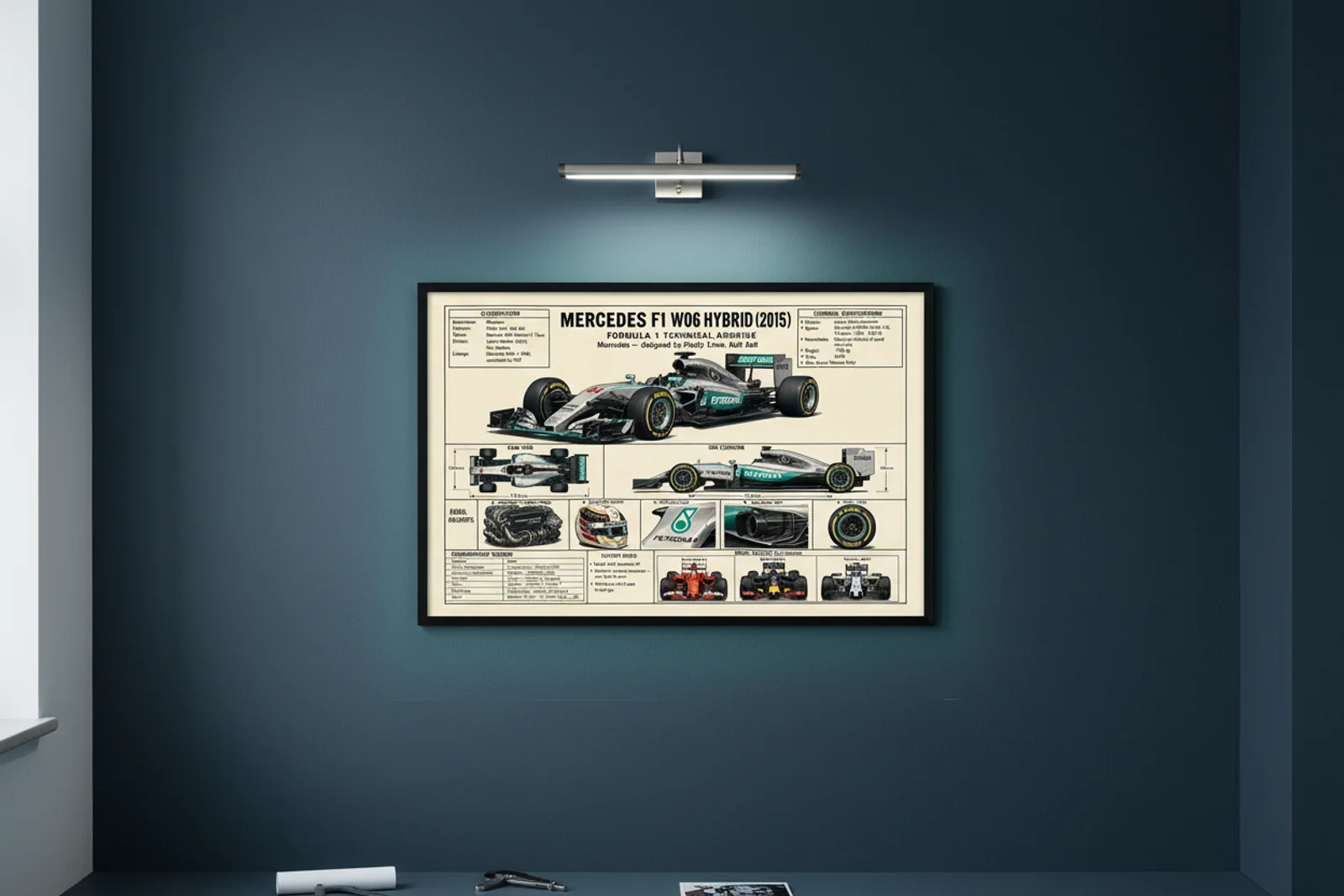 F1 W06 HYBRID F1 Technical Archive print in black A2 frame on petronas-teal blueprint-indigo wall — engineering studio mockup