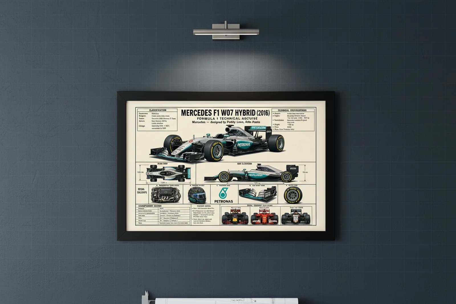 F1 W07 HYBRID F1 Technical Archive print in black A2 frame on petronas-teal blueprint-indigo wall — engineering studio mockup