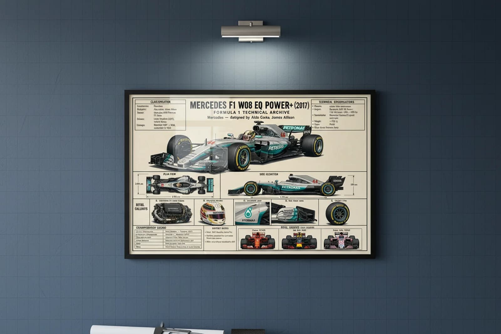 F1 W08 EQ F1 Technical Archive print in black A2 frame on petronas-teal blueprint-indigo wall — engineering studio mockup