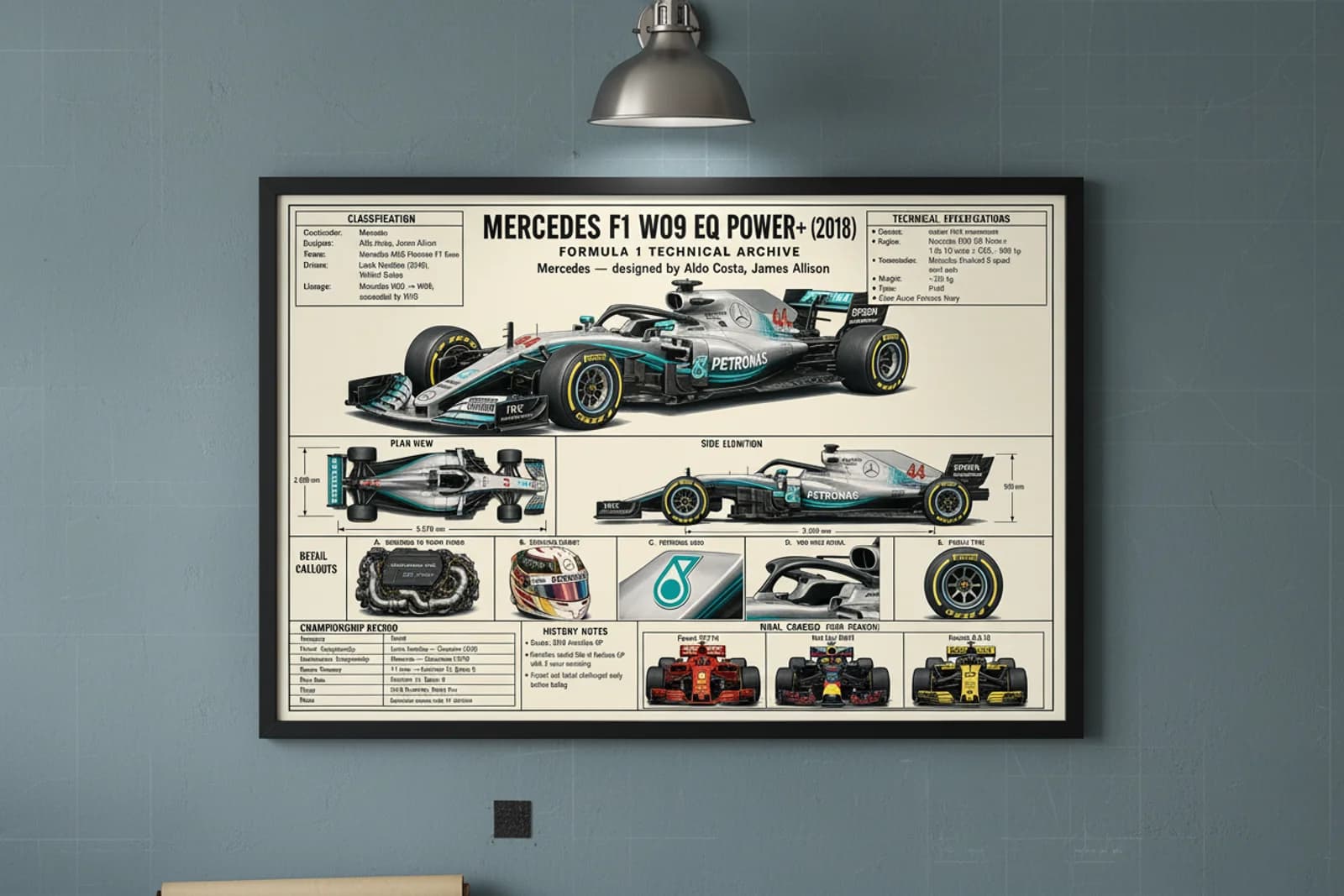 F1 W09 EQ F1 Technical Archive print in black A2 frame on petronas-teal blueprint-indigo wall — engineering studio mockup