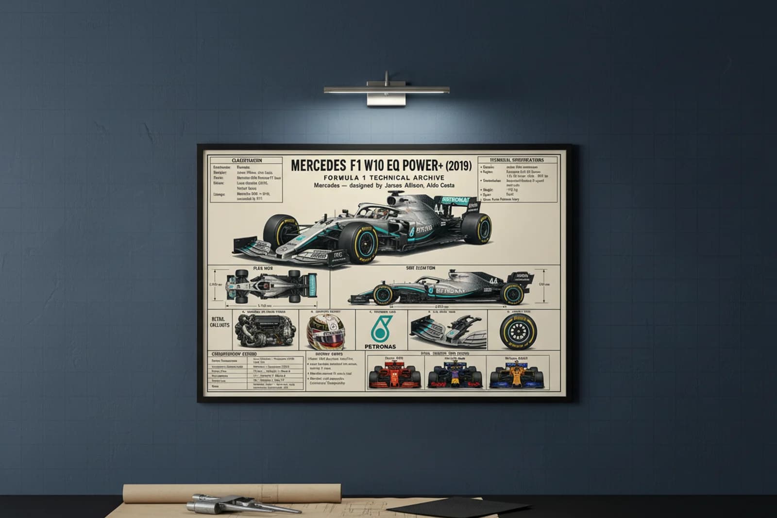 F1 W10 EQ F1 Technical Archive print in black A2 frame on petronas-teal blueprint-indigo wall — engineering studio mockup