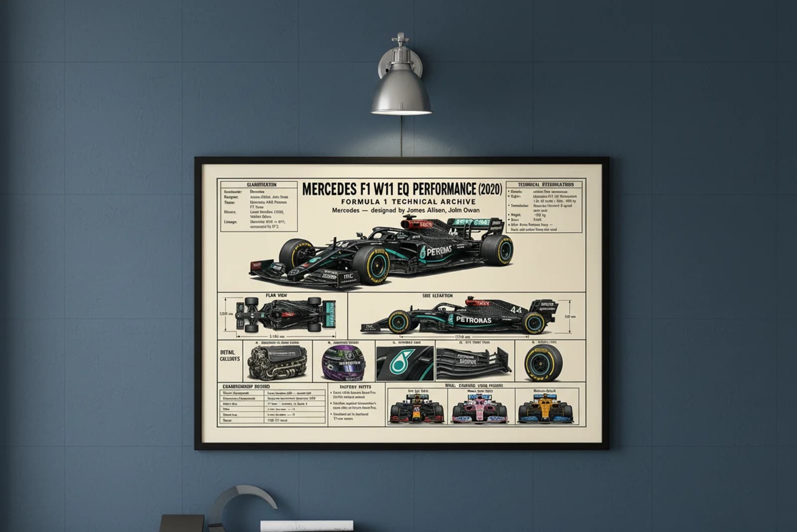 F1 W11 EQ F1 Technical Archive print in black A2 frame on petronas-teal blueprint-indigo wall — engineering studio mockup