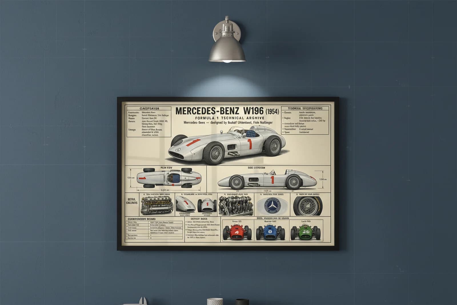W196 F1 Technical Archive print in black A2 frame on constructor-accent blueprint-indigo wall — engineering studio mockup