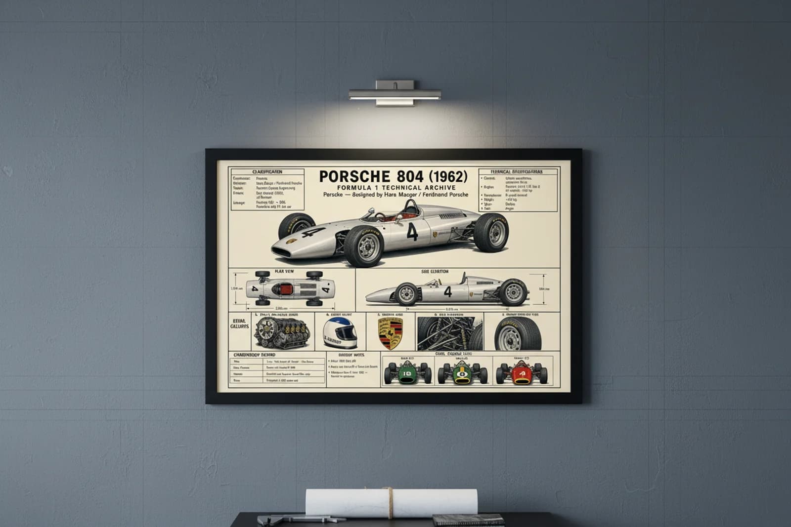 804 F1 Technical Archive print in black A2 frame on constructor-accent blueprint-indigo wall — engineering studio mockup
