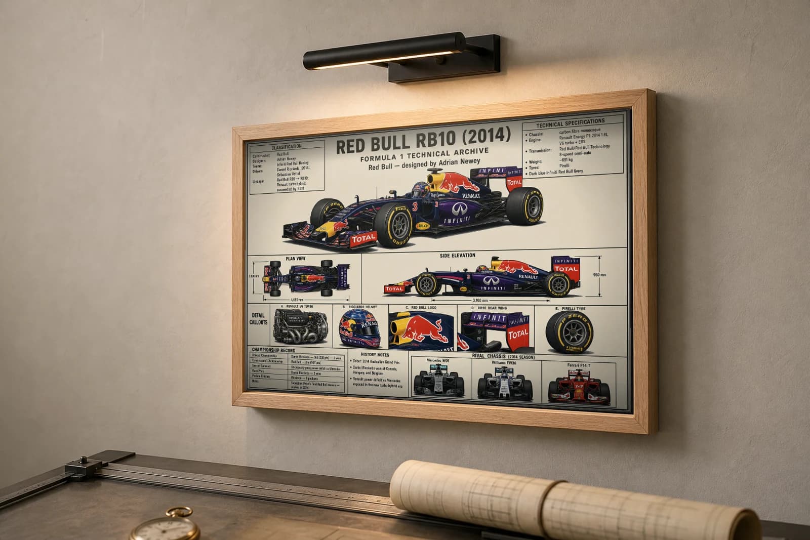 RED BULL RB10 Poster — 2014 F1 Technical Archive Blueprint Wall Art · framed A2 — the framed print shown at a three-quarter angle on a styled gallery wall in a natural-oak frame