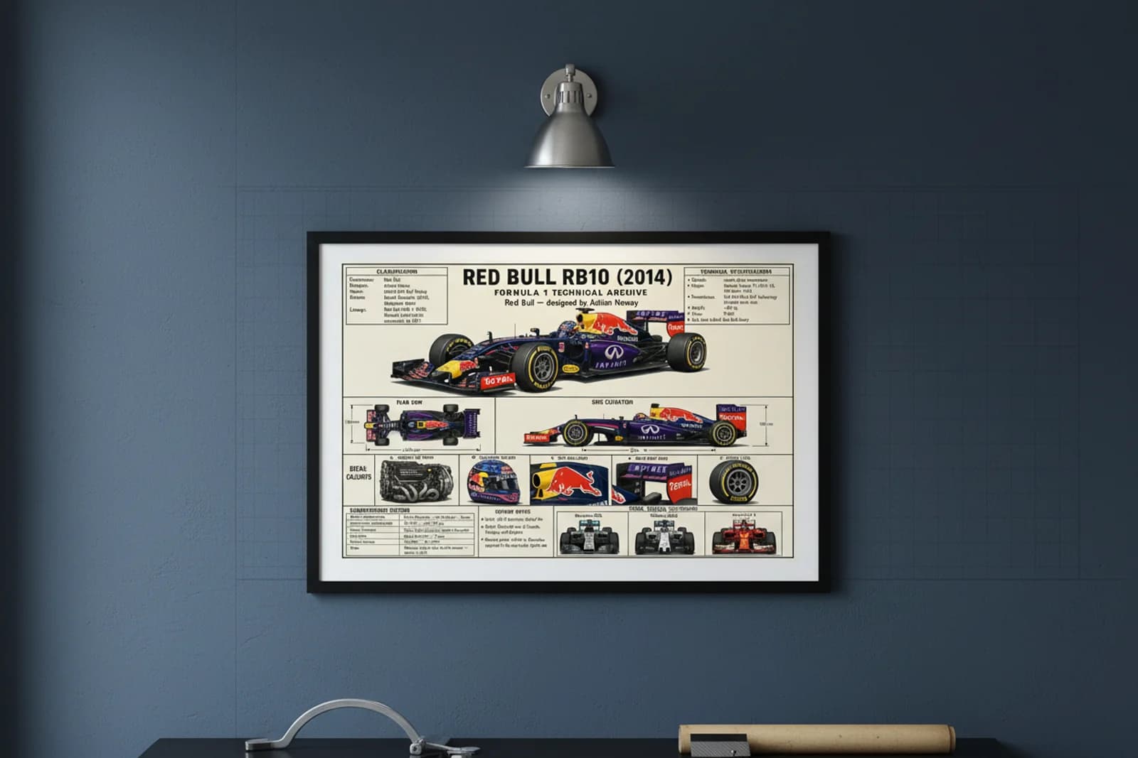 RB10 F1 Technical Archive print in black A2 frame on bull-navy blueprint-indigo wall — engineering studio mockup