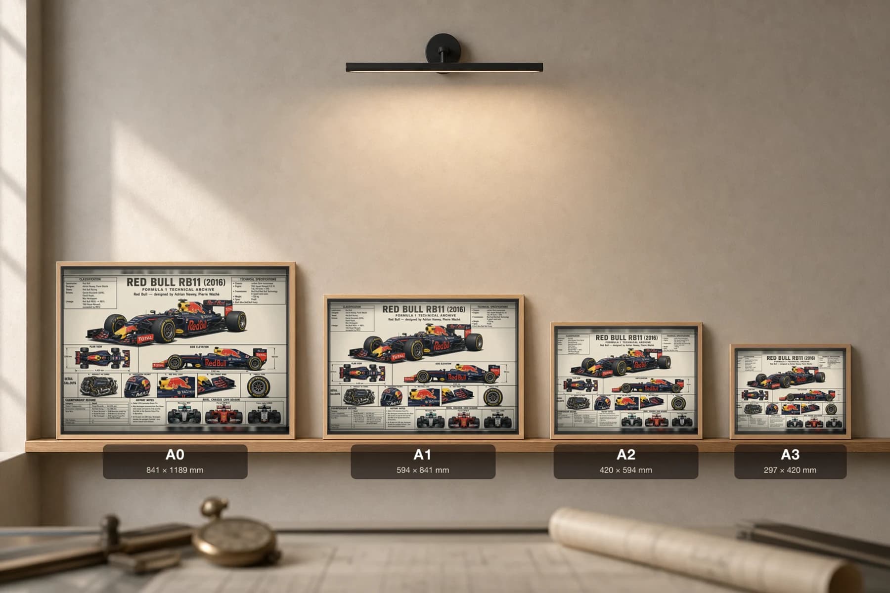 RED BULL RB11 Poster — 2016 F1 Technical Archive Blueprint Wall Art · framed A2 — print size guide showing the artwork at A0, A1, A2 and A3 in natural-oak frames at true relative scale