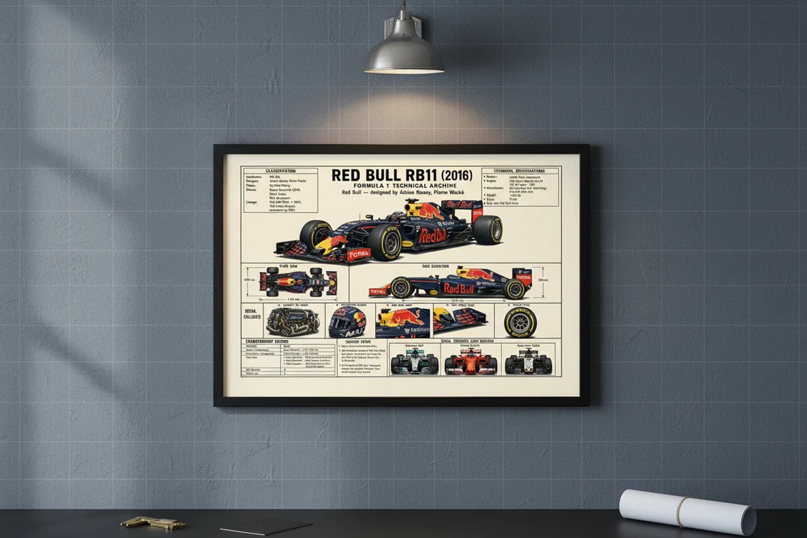 RB11 F1 Technical Archive print in black A2 frame on bull-navy blueprint-indigo wall — engineering studio mockup