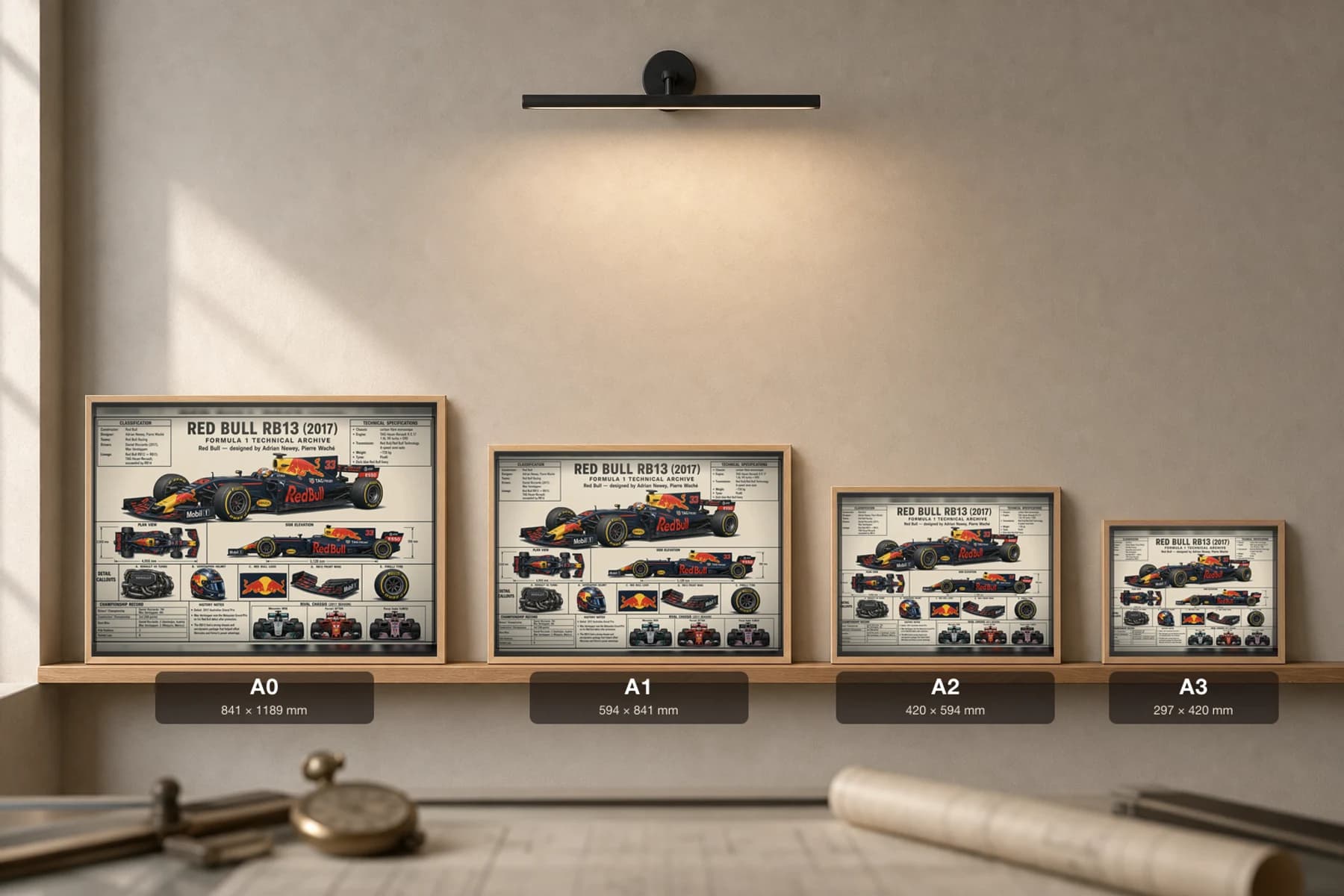 RED BULL RB13 Poster — 2017 F1 Technical Archive Blueprint Wall Art · framed A2 — print size guide showing the artwork at A0, A1, A2 and A3 in natural-oak frames at true relative scale