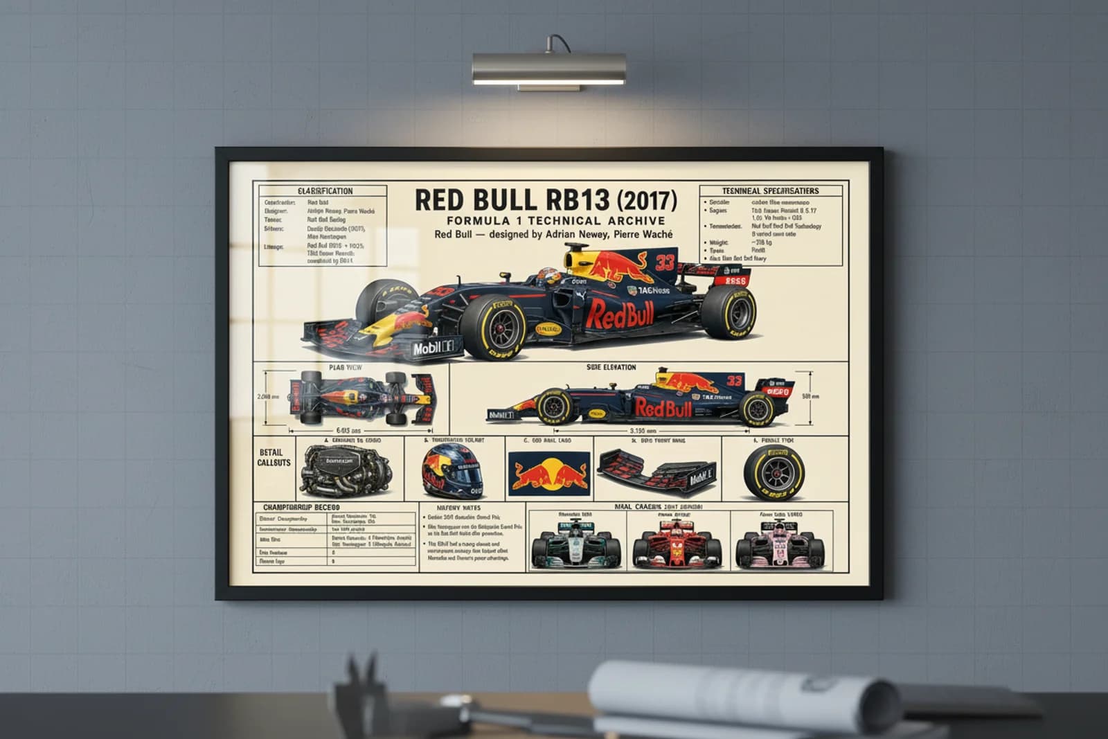 RB13 F1 Technical Archive print in black A2 frame on bull-navy blueprint-indigo wall — engineering studio mockup