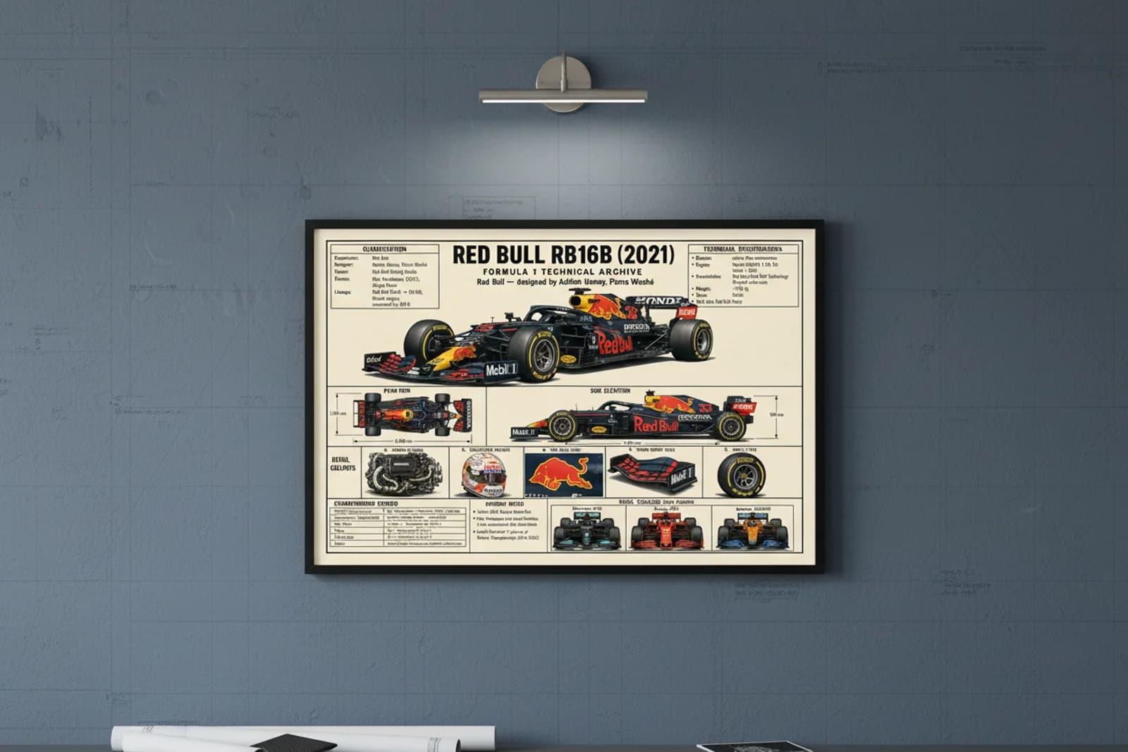 RB16B F1 Technical Archive print in black A2 frame on bull-navy blueprint-indigo wall — engineering studio mockup