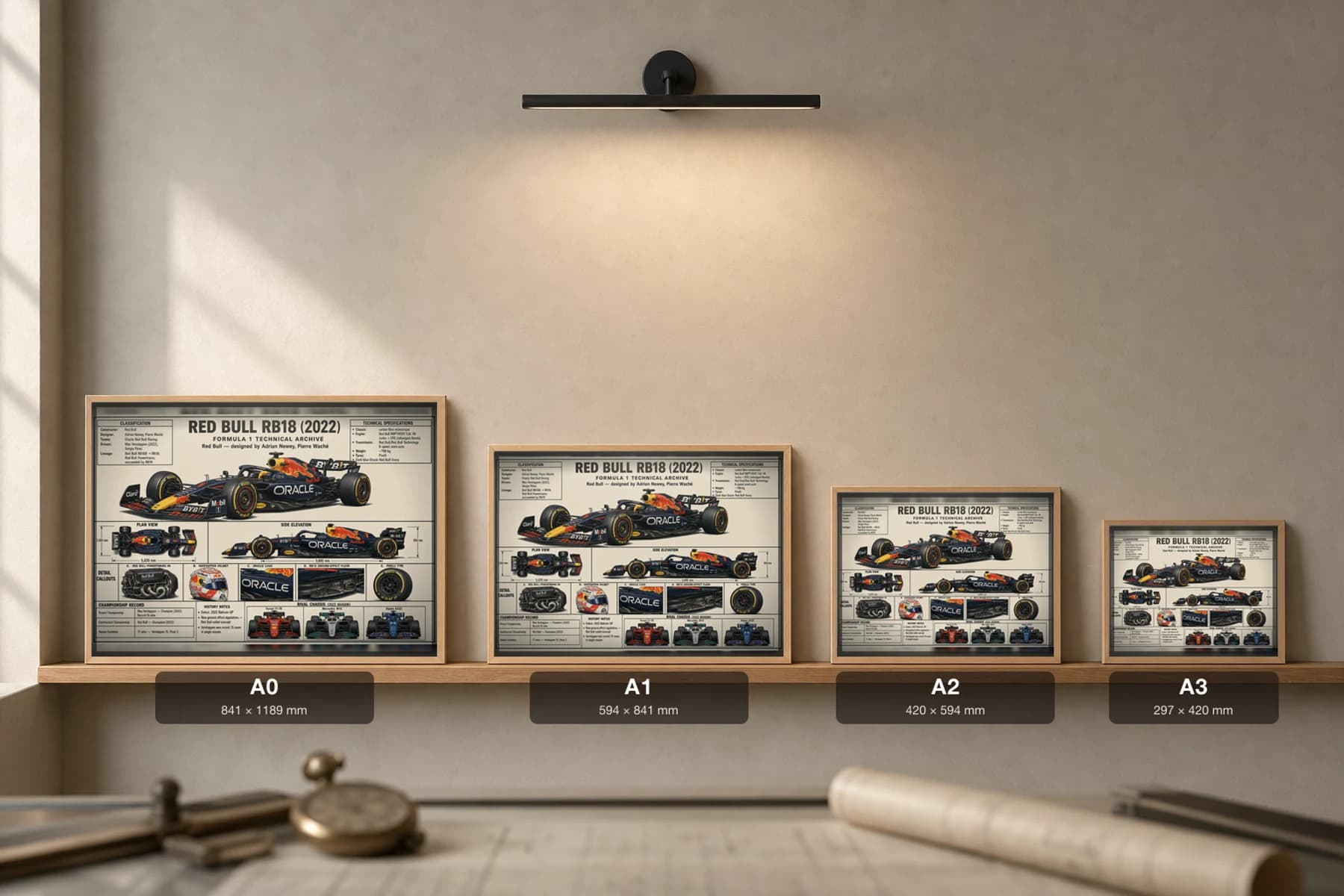 RED BULL RB18 Poster — 2022 F1 Technical Archive Blueprint Wall Art · framed A2 — print size guide showing the artwork at A0, A1, A2 and A3 in natural-oak frames at true relative scale