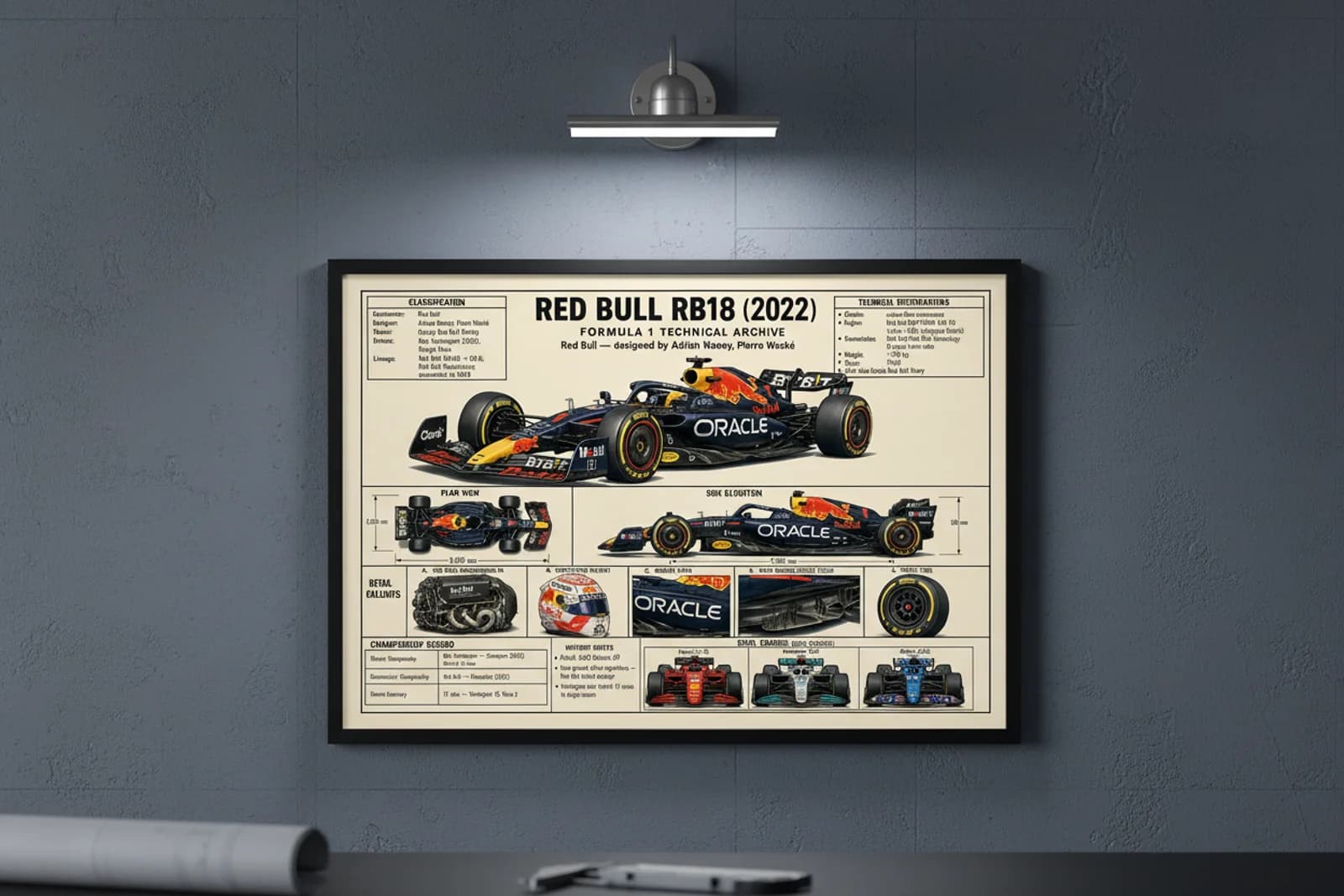 RB18 F1 Technical Archive print in black A2 frame on bull-navy blueprint-indigo wall — engineering studio mockup