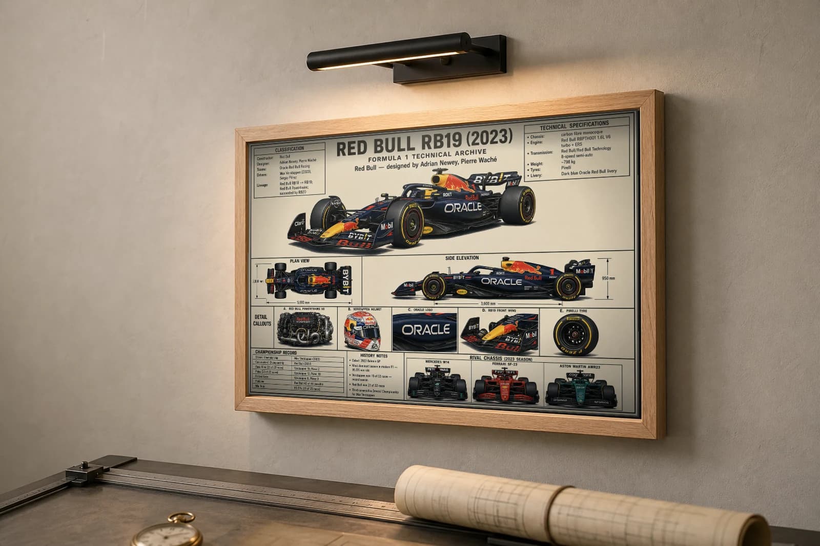 RED BULL RB19 Poster — 2023 F1 Technical Archive Blueprint Wall Art · framed A2 — the framed print shown at a three-quarter angle on a styled gallery wall in a natural-oak frame