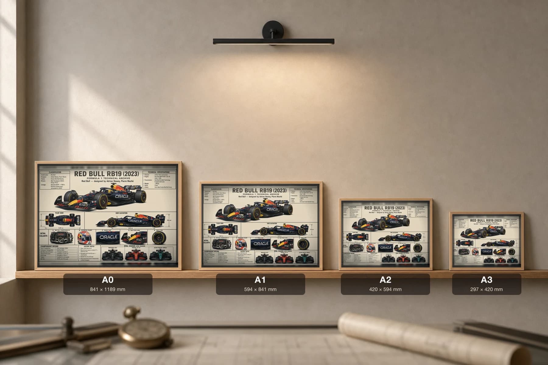 RED BULL RB19 Poster — 2023 F1 Technical Archive Blueprint Wall Art · framed A2 — print size guide showing the artwork at A0, A1, A2 and A3 in natural-oak frames at true relative scale