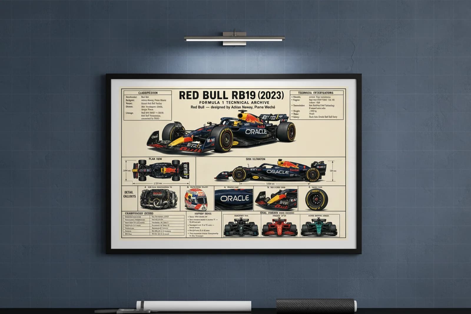 RB19 F1 Technical Archive print in black A2 frame on bull-navy blueprint-indigo wall — engineering studio mockup