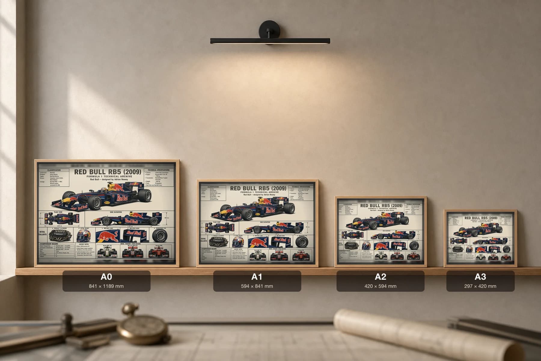 RED BULL RB5 Poster — 2009 F1 Technical Archive Blueprint Wall Art · framed A2 — print size guide showing the artwork at A0, A1, A2 and A3 in natural-oak frames at true relative scale