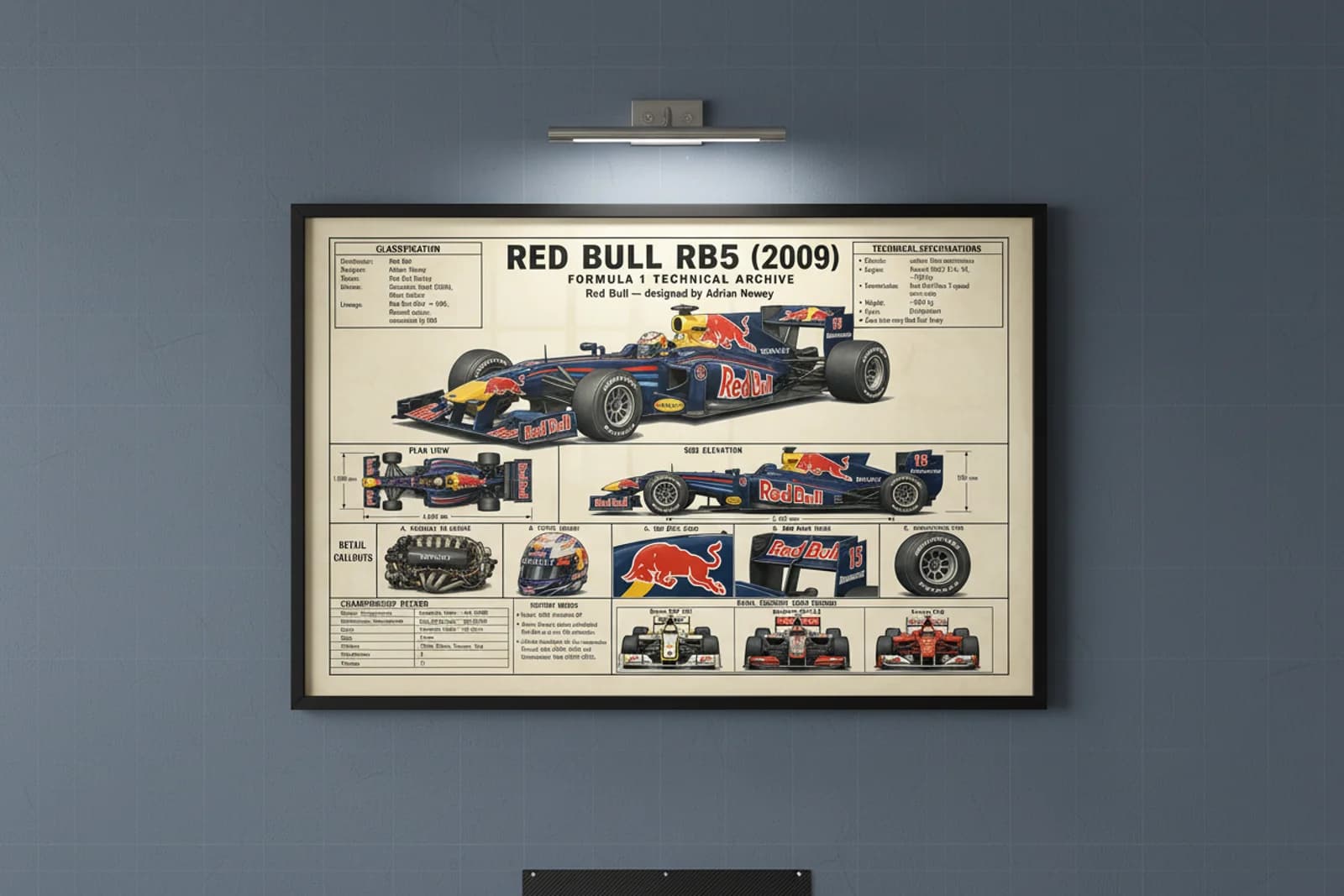 RB5 F1 Technical Archive print in black A2 frame on bull-navy blueprint-indigo wall — engineering studio mockup