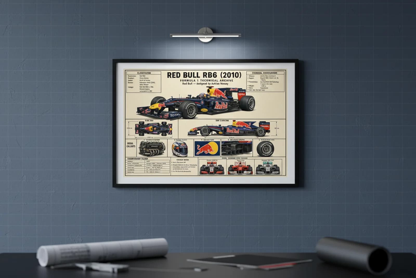 RB6 F1 Technical Archive print in black A2 frame on bull-navy blueprint-indigo wall — engineering studio mockup