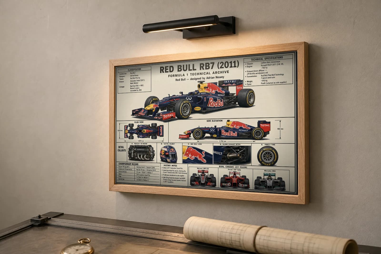 RED BULL RB7 Poster — 2011 F1 Technical Archive Blueprint Wall Art · framed A2 — the framed print shown at a three-quarter angle on a styled gallery wall in a natural-oak frame