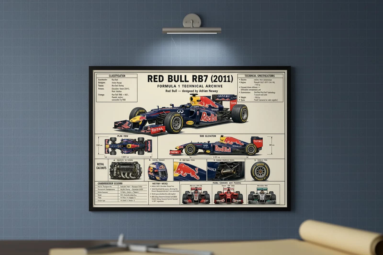 RB7 F1 Technical Archive print in black A2 frame on bull-navy blueprint-indigo wall — engineering studio mockup