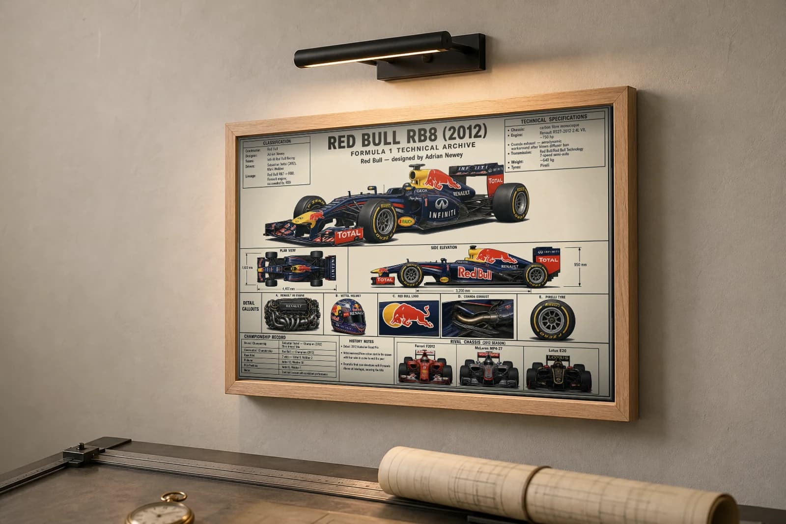 RED BULL RB8 Poster — 2012 F1 Technical Archive Blueprint Wall Art · framed A2 — the framed print shown at a three-quarter angle on a styled gallery wall in a natural-oak frame
