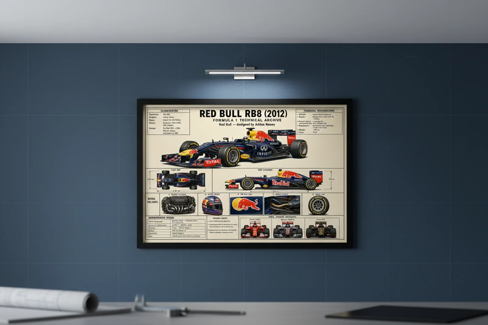 RB8 F1 Technical Archive print in black A2 frame on bull-navy blueprint-indigo wall — engineering studio mockup
