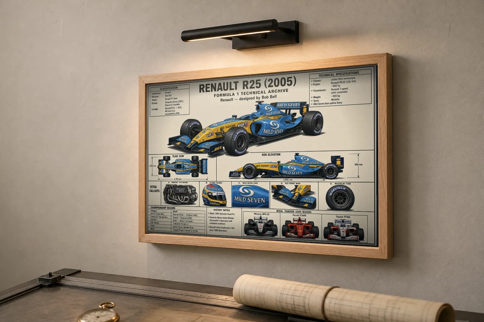 RENAULT R25 Poster — 2005 F1 Technical Archive Blueprint Wall Art · framed A2 — the framed print shown at a three-quarter angle on a styled gallery wall in a natural-oak frame