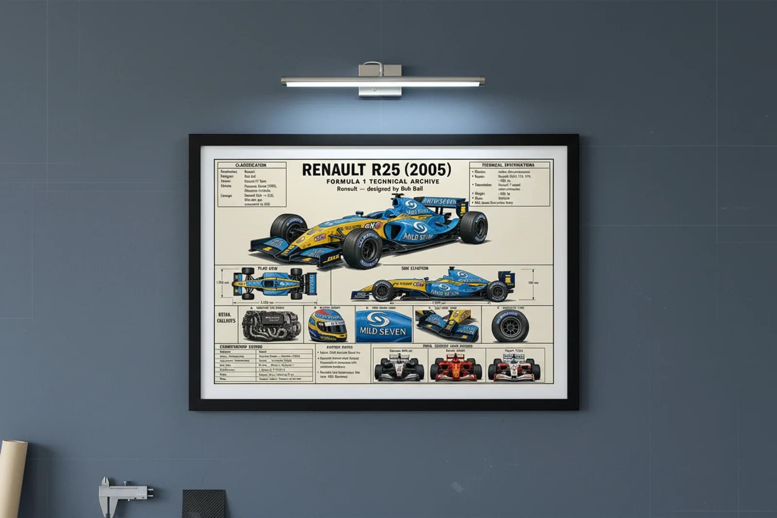 R25 F1 Technical Archive print in black A2 frame on renault-yellow blueprint-indigo wall — engineering studio mockup