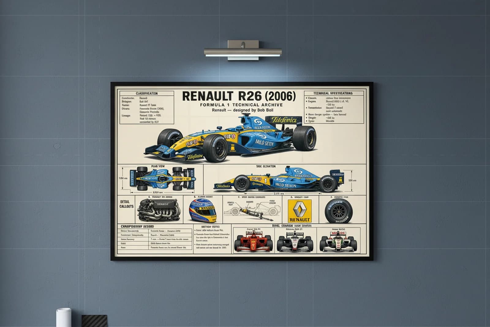R26 F1 Technical Archive print in black A2 frame on renault-yellow blueprint-indigo wall — engineering studio mockup